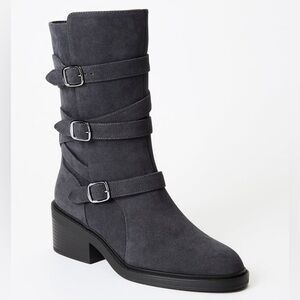 NEW JustFab Greer Flat Boot in Magnet Grey Vegan Suede Buckle Moto Boots Booties